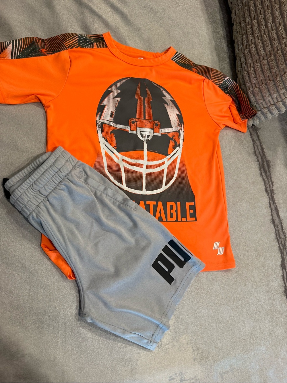 Kids Orange Football Graphic Performance Tee and Puma shorts